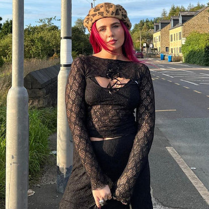 Black Mesh Lace Long Sleeve Shirt