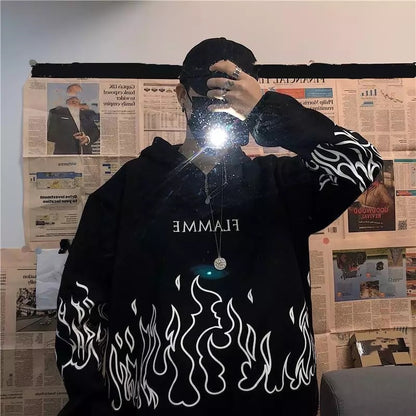 White Black Flame Fire Cartoon Casual Loose Oversized Hoodie Sweater Sweatshirt Long Sleeve Pullover E-Girl Kawaii Korean Japanese Harajuku Streetwear
