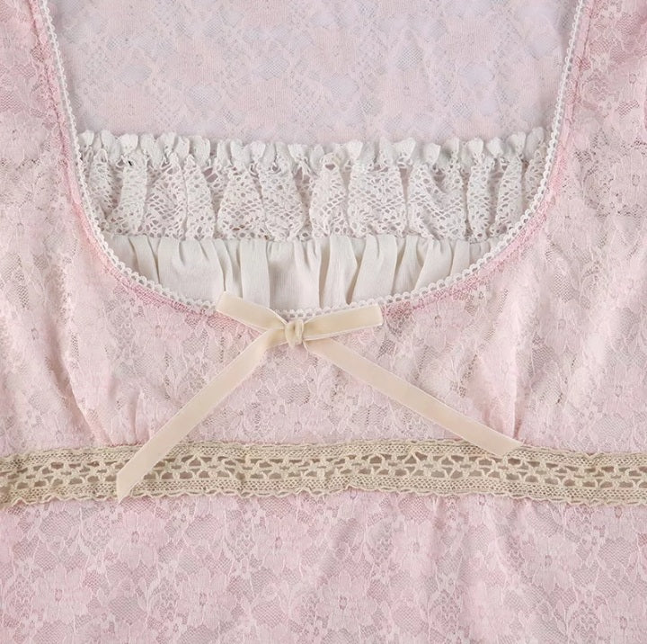 Cute Sweet Pink Lace Trim Short Sleeve Shirt Crop Top Summer Aesthetic Casual E-Girl Kawaii Korean Japanese Harajuku