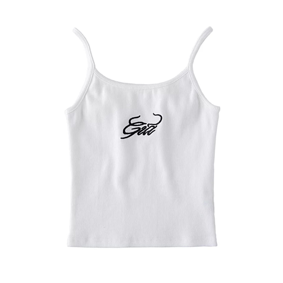 Cute Sexy Solid Letter Embroidery Ribbed Crop Top Tank Sleeveless Shirt Vest Aesthetic Casual Summer E-Girl Kawaii Korean Japanese Haraju