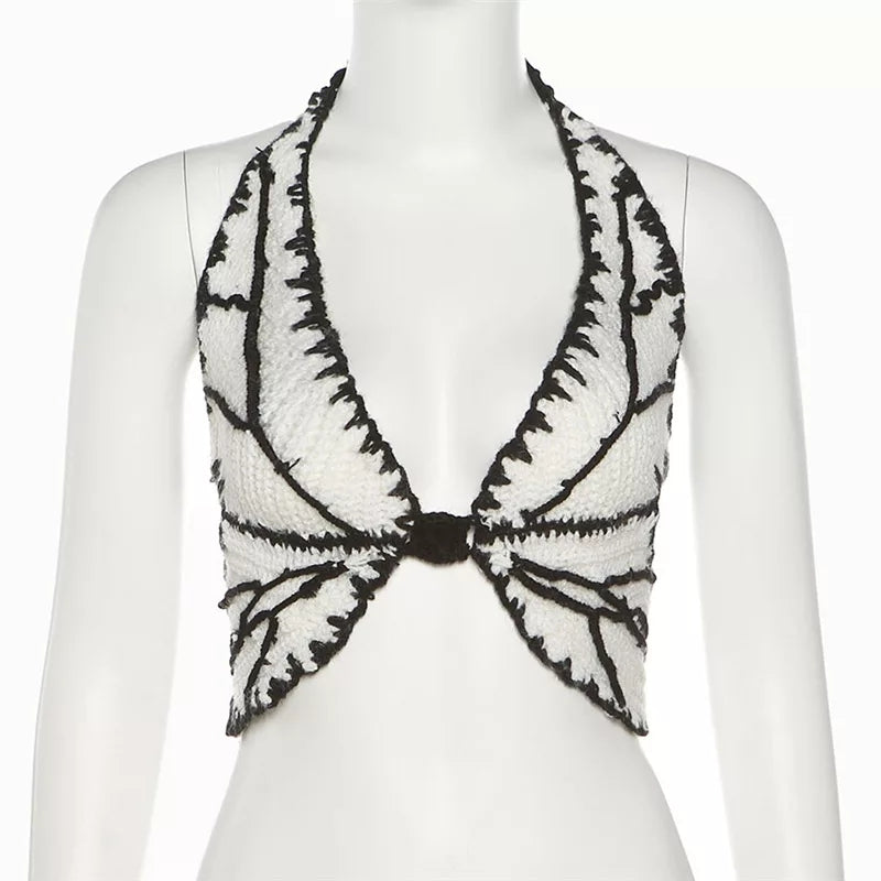 Cute Sexy Butterfly Crochet Halter Sleeveless Shirt Crop Top Camisole Beach Tunic Party Summer Aesthetic Casual E-Girl Kawaii Korean Japanese Harajuku