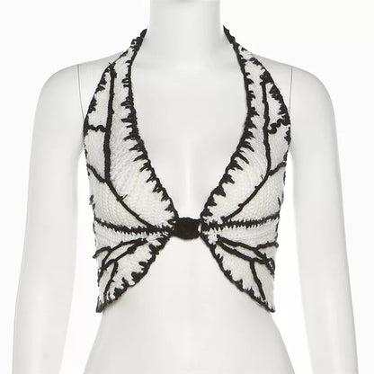 Cute Sexy Butterfly Crochet Halter Sleeveless Shirt Crop Top Camisole Beach Tunic Party Summer Aesthetic Casual E-Girl Kawaii Korean Japanese Harajuku
