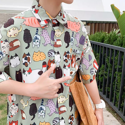 Cute Vintage Unisex Cat Cartoon Print Loose Short Sleeve Shirt Button Up Aesthetic Casual Summer E-Girl Kawaii Korean Japanese Harajuku