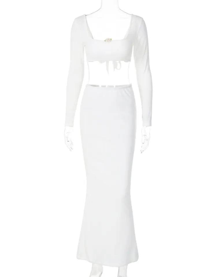 2PCS White Rose Long Sleeve Crop Top + Maxi Skirt