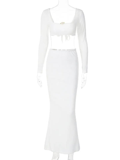 2PCS White Rose Long Sleeve Crop Top + Maxi Skirt