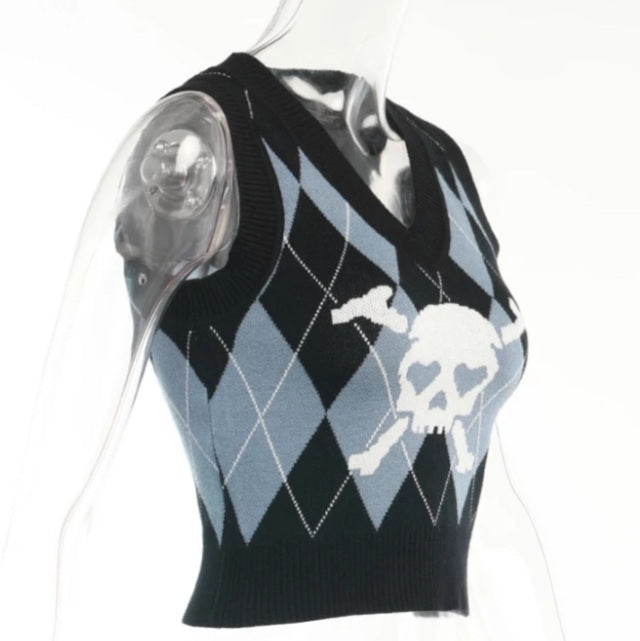 Cute Sexy V Neck Skull Print Knit Vest Sleeveless Crop Top Punk Goth Aesthetic Casual Summer E-Girl Kawaii Korean Japanese Harajuku
