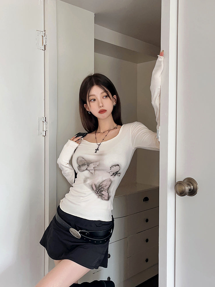 Butterfly Print Off Shoulder Long Sleeve Shirt