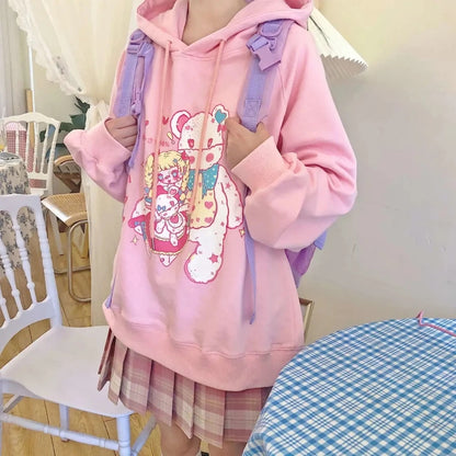 Cute Pastel Anime Girl Teddy Bear Cartoon Graphic Print Oversized Fleece Hoodie Sweatshirt Aesthetic Casual E-Girl Kawaii Korean Japanese Harajuku