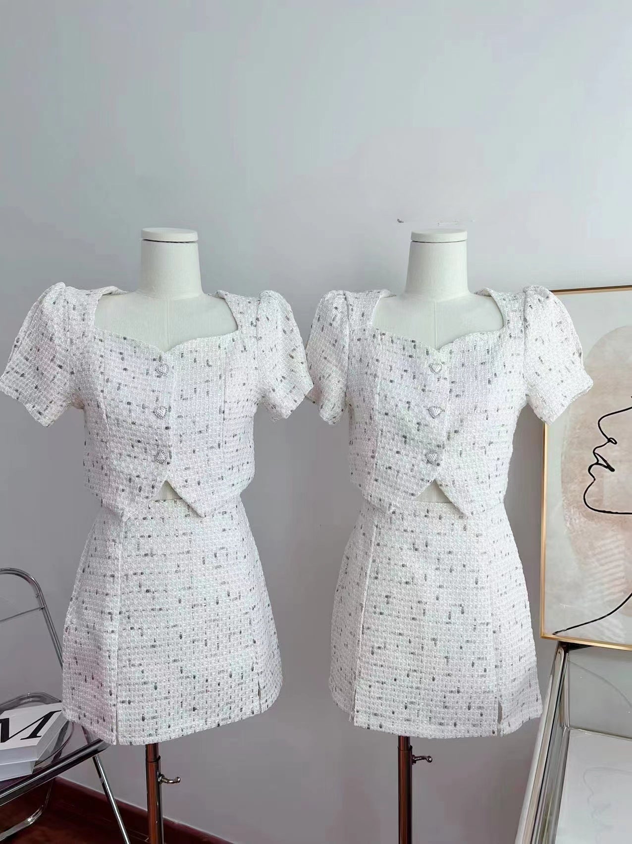 2PCS White Tweed Puff Sleeve Blouse + Skirt