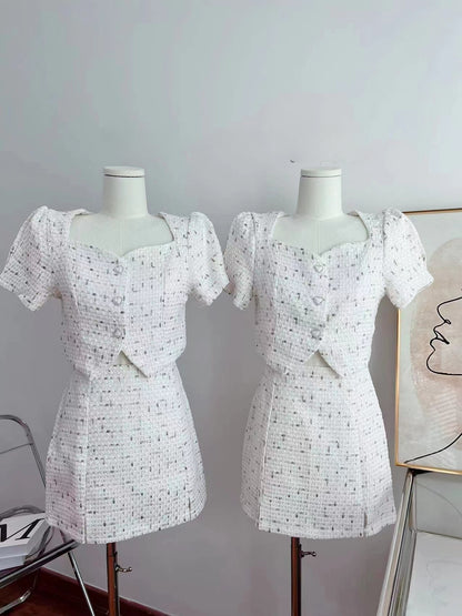 2PCS White Tweed Puff Sleeve Blouse + Skirt
