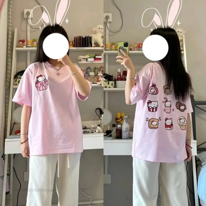 Cat Anime Dessert Print Short Sleeve T-shirt