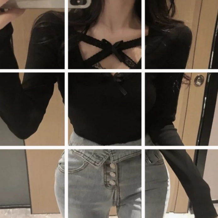 Cute Sexy Lace Cross Ribbon Long Sleeve Shirt Top Aesthetic Casual Summer E-Girl Kawaii Korean Japanese Harajuku