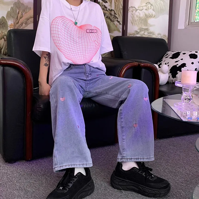 Pink Heart Embroidery Denim Jeans