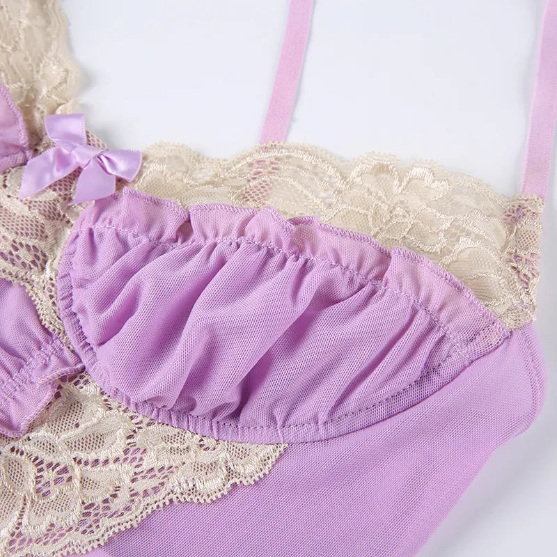 Purple Lace Trim Mesh Halter Top