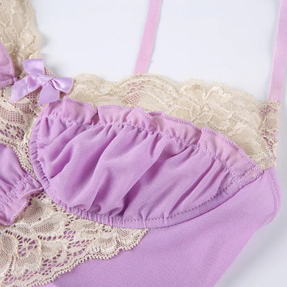 Purple Lace Trim Mesh Halter Top