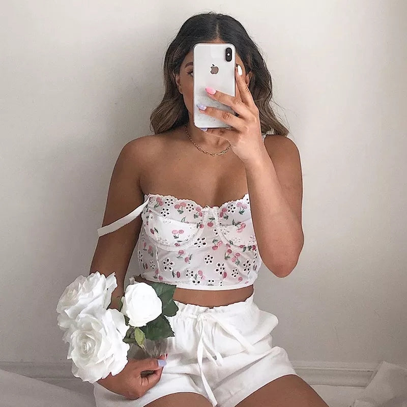 White Cherry Floral Embroidery Milkmaid Corset Top Summer Aesthetic Casual E-Girl Kawaii Korean Japanese Harajuku
