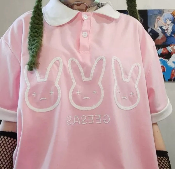 Cute Pastel Bunny Rabbit Embroidery Polo Short Sleeve T- Shirt Top Aesthetic Casual Summer E-Girl Kawaii Korean Japanese Harajuku
