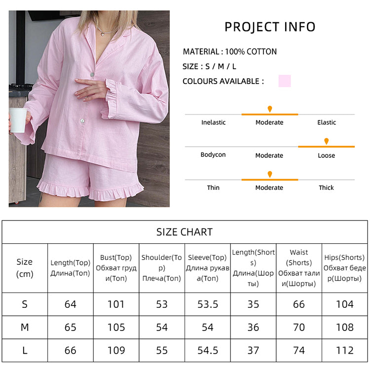 2PCS Pink Ruffle Long Sleeve Shirt + Shorts Pajama Set