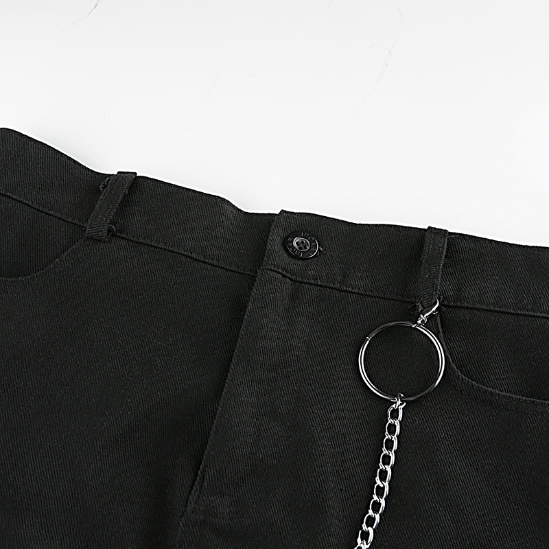 Sexy Black Goth Punk Demin Metal Chain Patchwork High Waisted Mini Skirt Zipper Split A-line E-Girl Kawaii Korean Japanese Harajuku Retro Streetwear