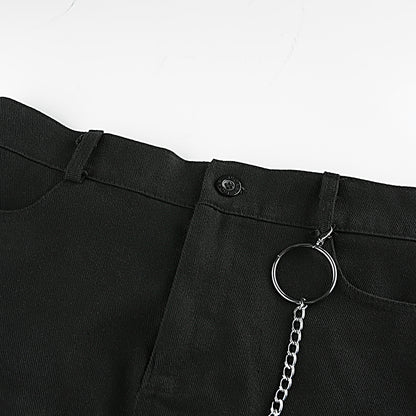 Sexy Black Goth Punk Demin Metal Chain Patchwork High Waisted Mini Skirt Zipper Split A-line E-Girl Kawaii Korean Japanese Harajuku Retro Streetwear