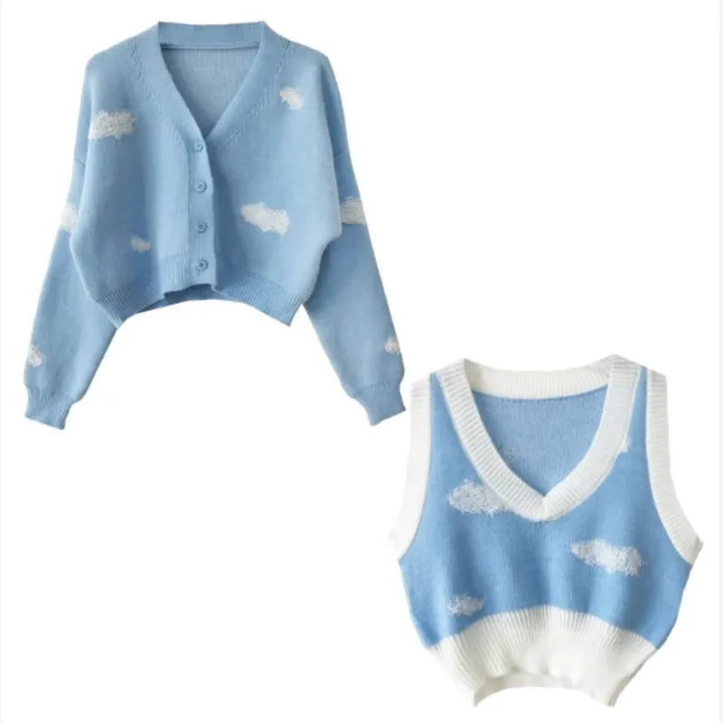 2PCS Blue Sky Cloud Vest + Knit Cardigan