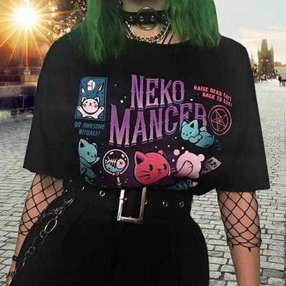 Cute Cat Kitten Neko Cartoon Print Goth Funny Short Sleeve Shirt Tee T-shirt E-Girl Kawaii Korean Japanese Harajuku Chinese Retro Streetwear Aesthetic