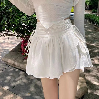 White Ruffle Drawstring High Waist Mini Skirt Fairycore Aesthetic Casual E-Girl Kawaii Korean Japanese Harajuku