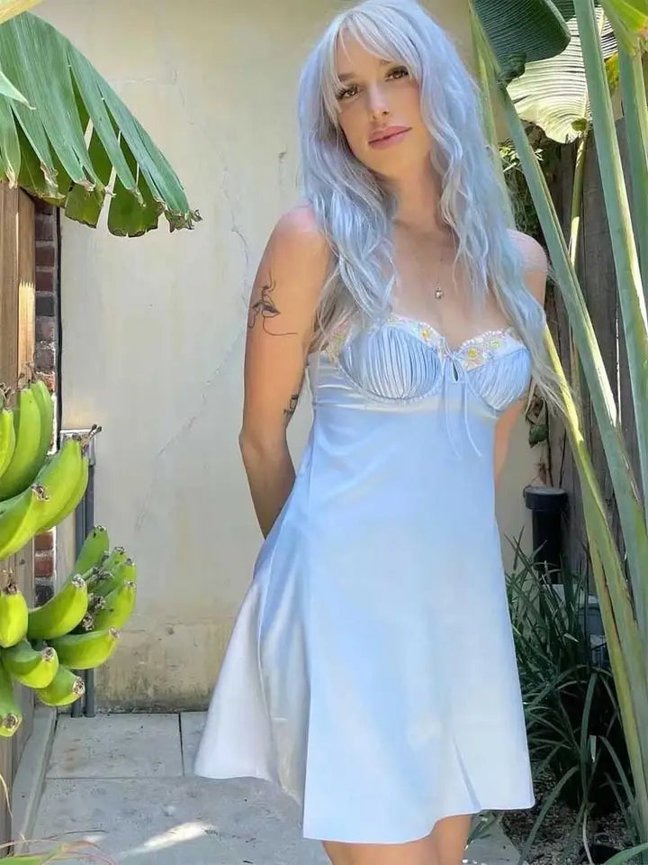 Light Blue Floral Embroidery Mini Dress