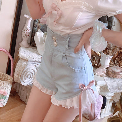 Pink Bow Ruffle High Waist Lace Shorts