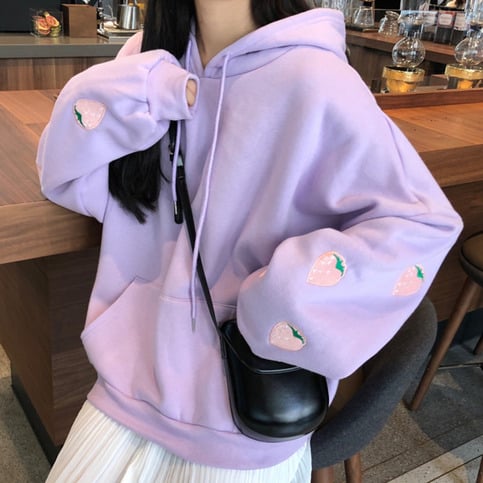 Cute Pastel Purple Strawberry Embroidery Patch Oversized Hoodie Sweater Sweatshirt Pullover Winter E-Girl Kawaii Korean Japanese Harajuku Streetwear