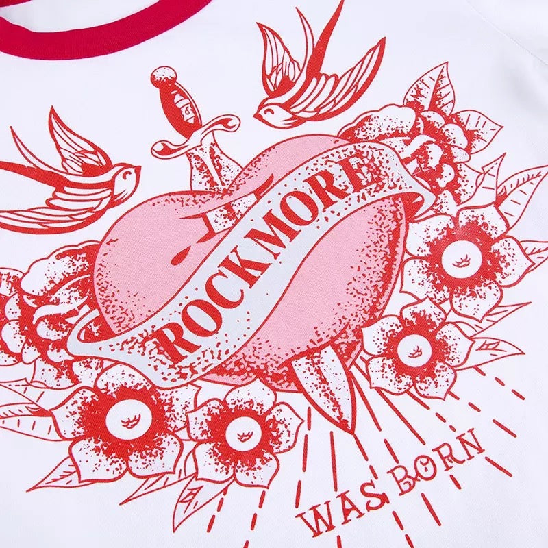 Cute Retro Rock Heart Aesthetic Print Crop Top Long Sleeve Shirt Tee T-shirt Punk Goth Summer Casual E-Girl Kawaii Korean Japanese Harajuku Streetwear