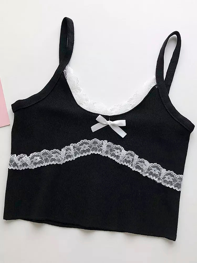 Patchwork Lace Bow Knit Camisole Crop Top