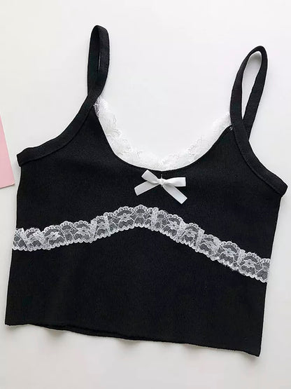 Patchwork Lace Bow Knit Camisole Crop Top