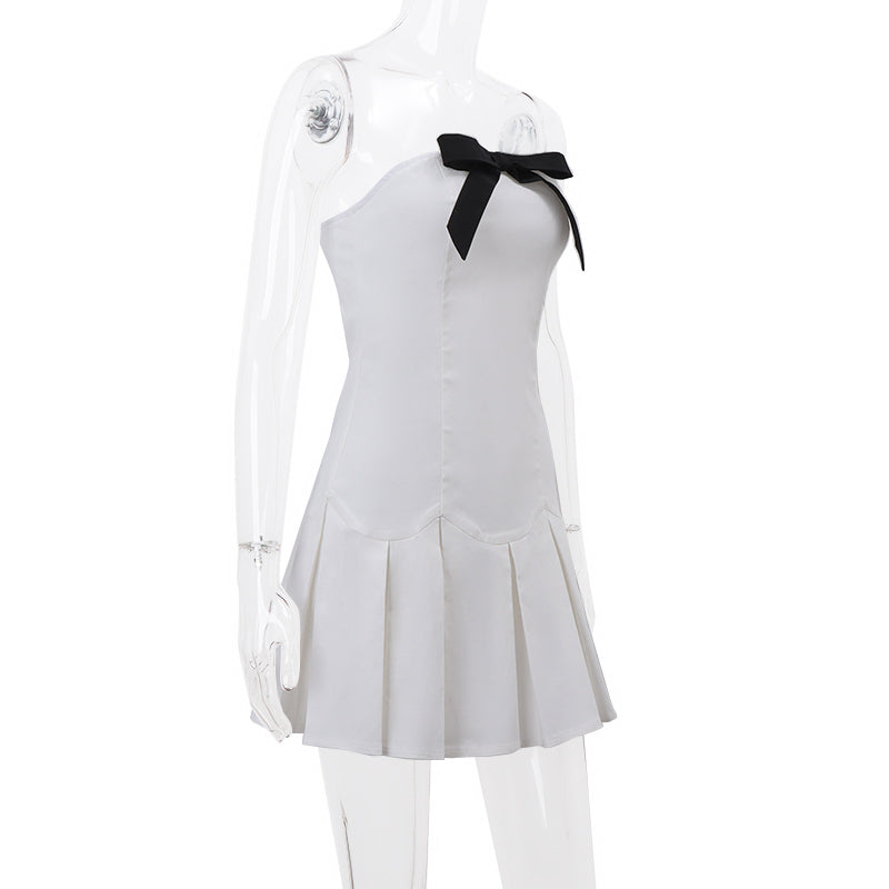 Preppy Bow Patchwork Strapless Mini Dress