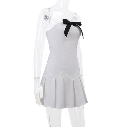 Preppy Bow Patchwork Strapless Mini Dress