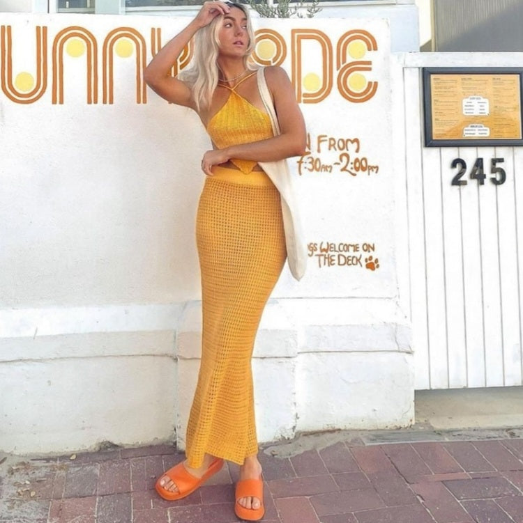 Orange Knit Beach Knit Pencil Skirt