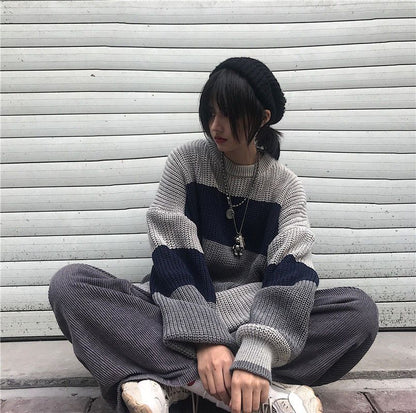 Grey Stripe Patchwork Sweater