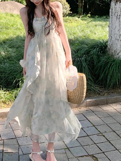 Green Chiffon French Beach Midi Dress