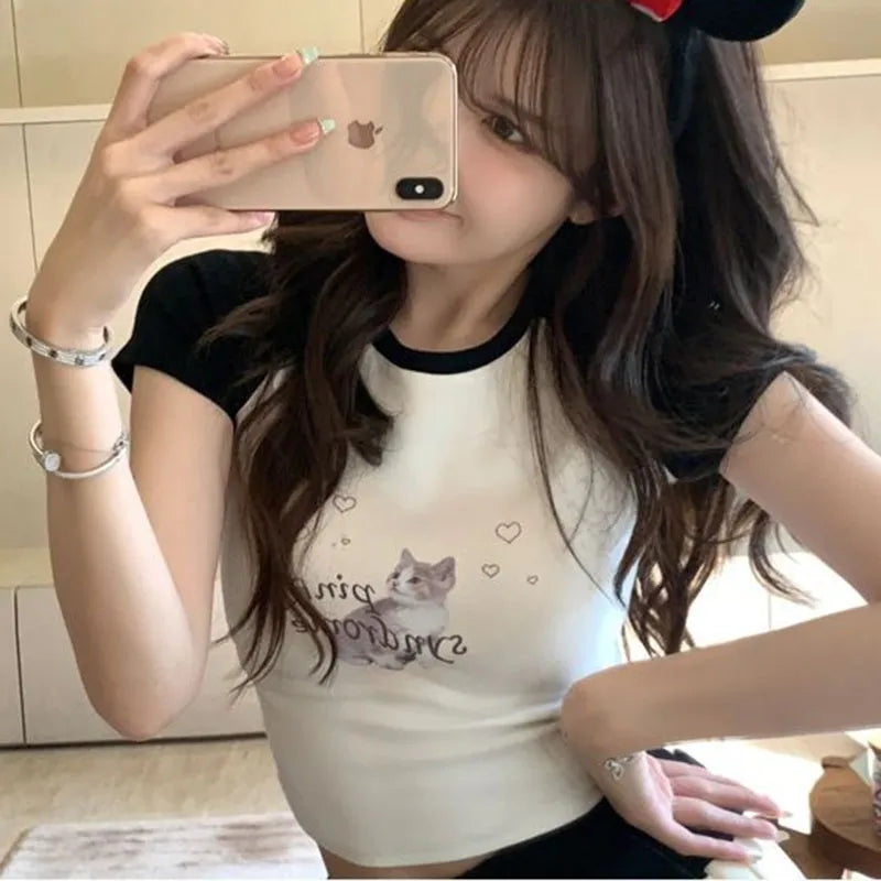 Cat Print Cropped Short Sleeve T-shirt