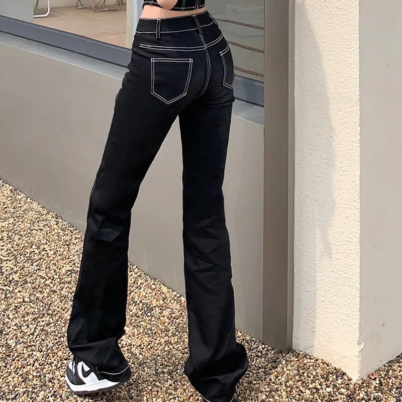 2PCS Black Denim Corset + Straight Flare Jeans