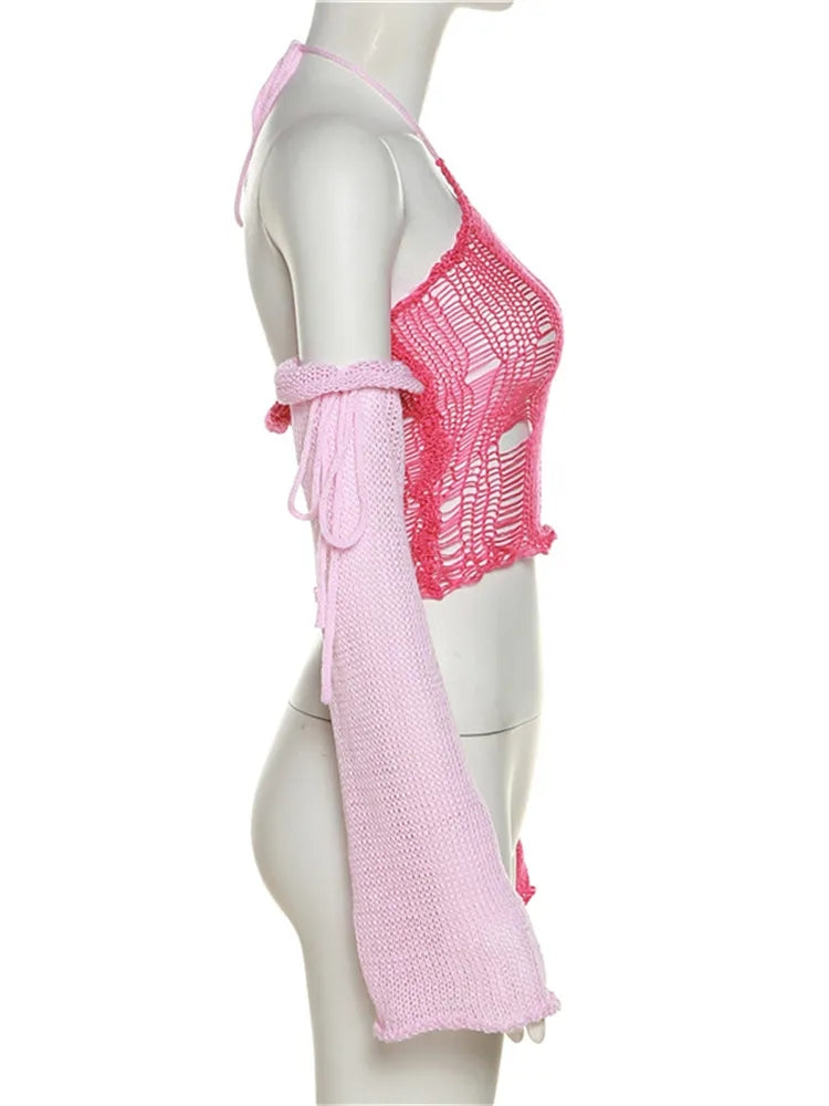 Pink Color Contrast Knit Long Sleeve Halter Top