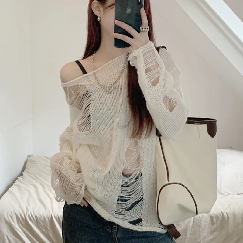White Hole Ripped Long Sleeve Sweater