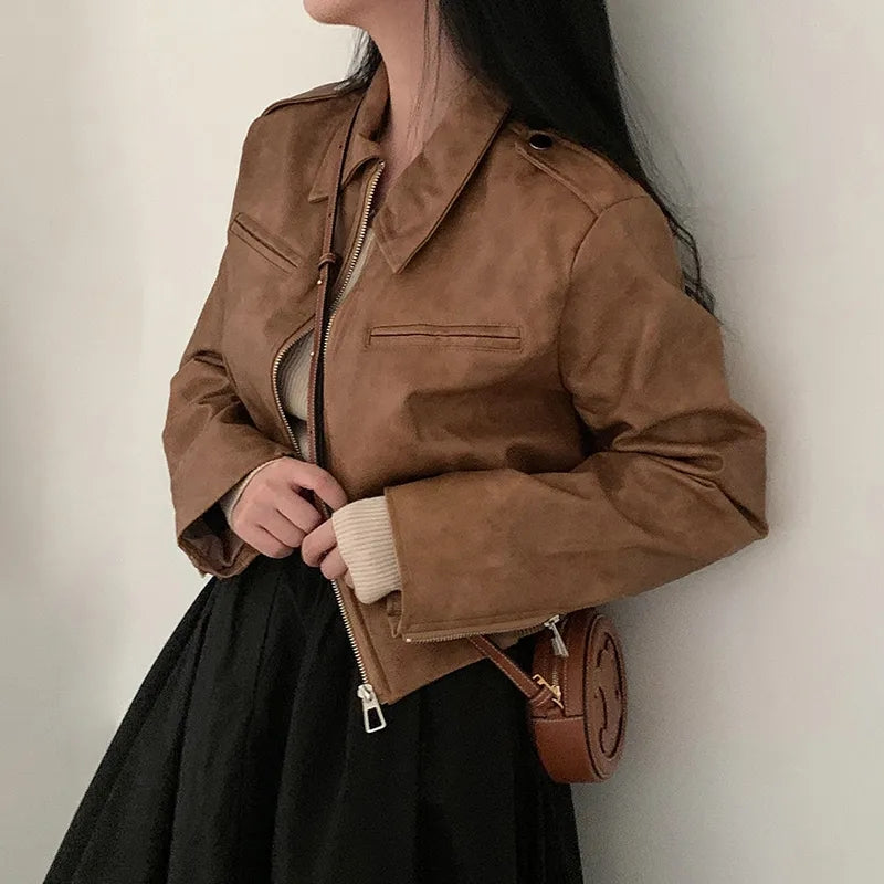 Brown PU Leather Turn Down Collar Zipper Jacket