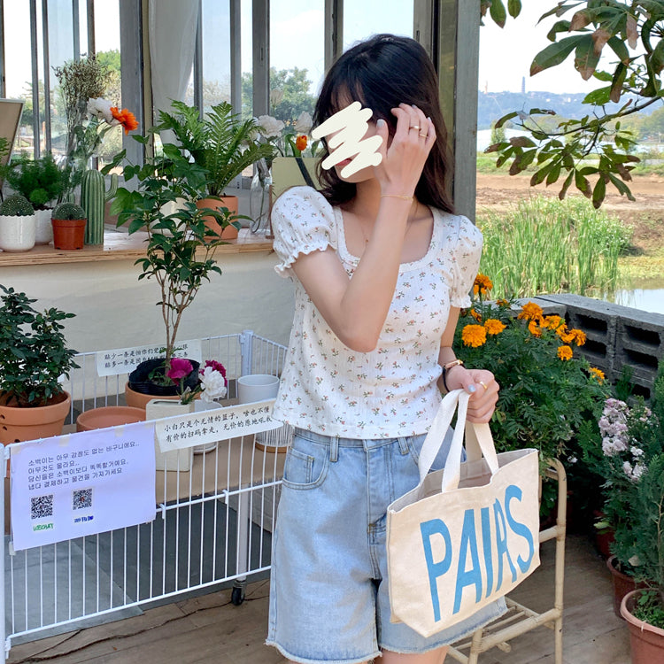White Floral Puff Sleeve Square Collar Top