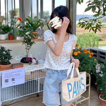 White Floral Puff Sleeve Square Collar Top