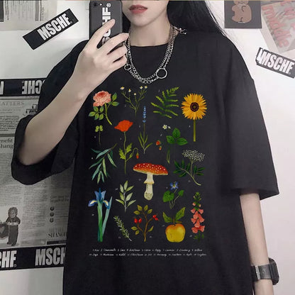 Cute Herbology Plant Mushroom Cartoon Print Loose Oversize Short Sleeve T-shirt Punk Aesthetic Casual Summer E-Girl Kawaii Korean Japanese Harajuku