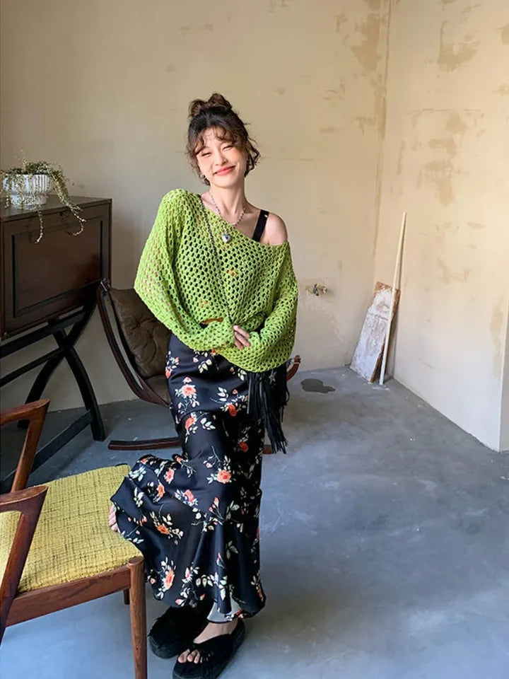 Green Hollow Out Oversized Smock