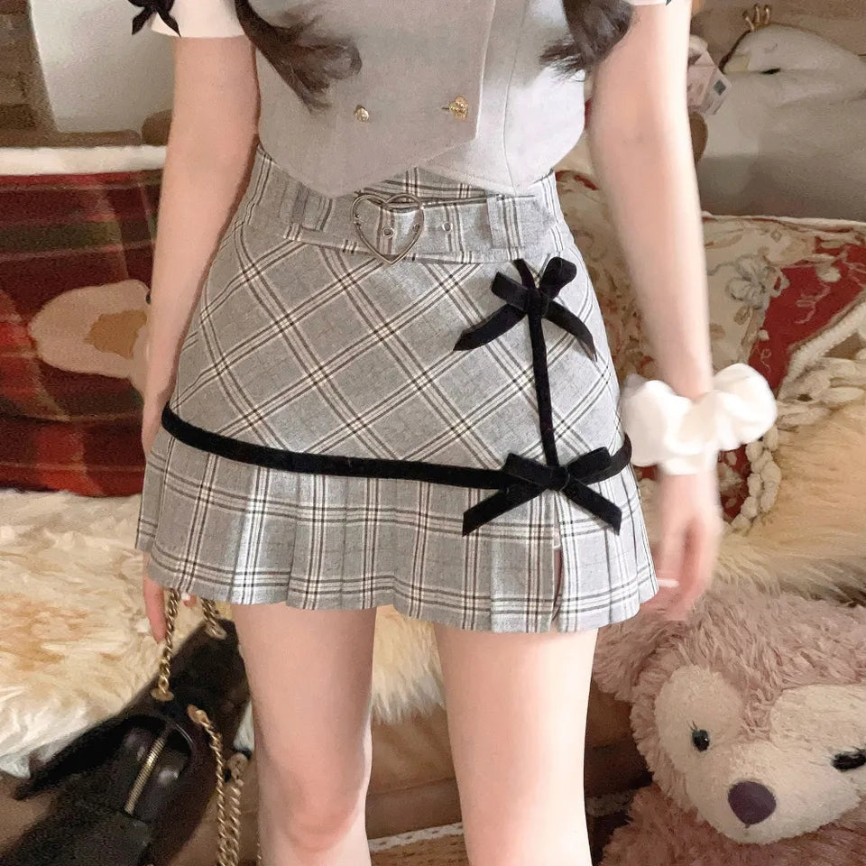 Preppy Pink Plaid Pleated Bow Mini Skirt