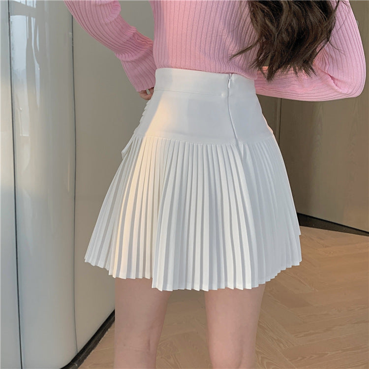 White Pleated D Metal Plate High Waist Mini Skirt