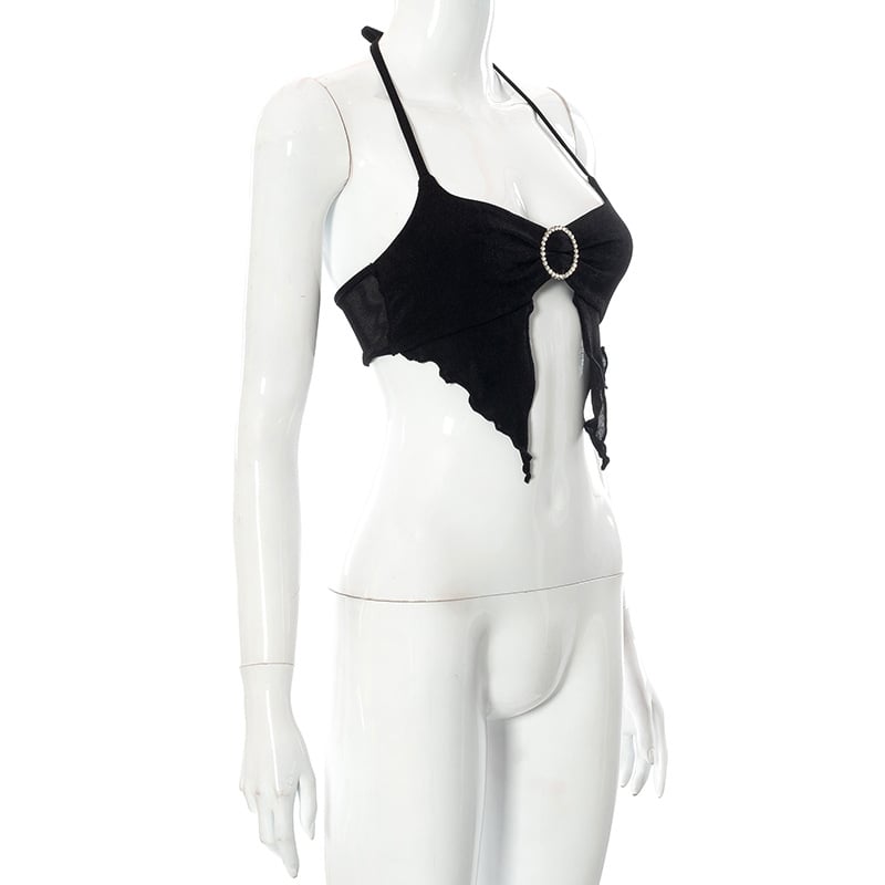 Black Lace Up Circle Rhinestone Halter Top